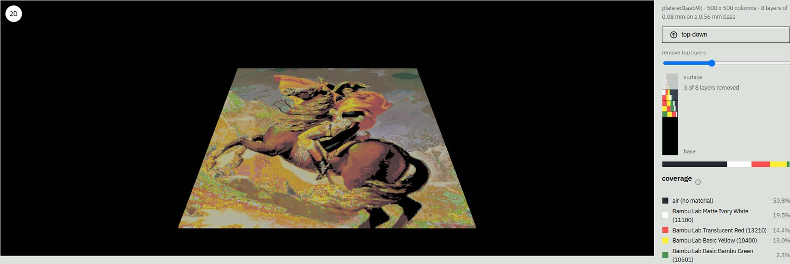 Polychrome's 3D view of a relief plate tilted on its bed, with the top three of eight layers removed, beside a panel listing each filament's coverage