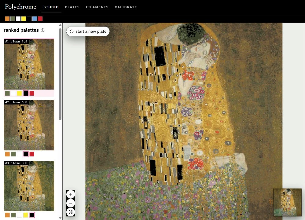 Polychrome's studio with The Kiss by Gustav Klimt loaded, showing three ranked palettes and the best one's prediction