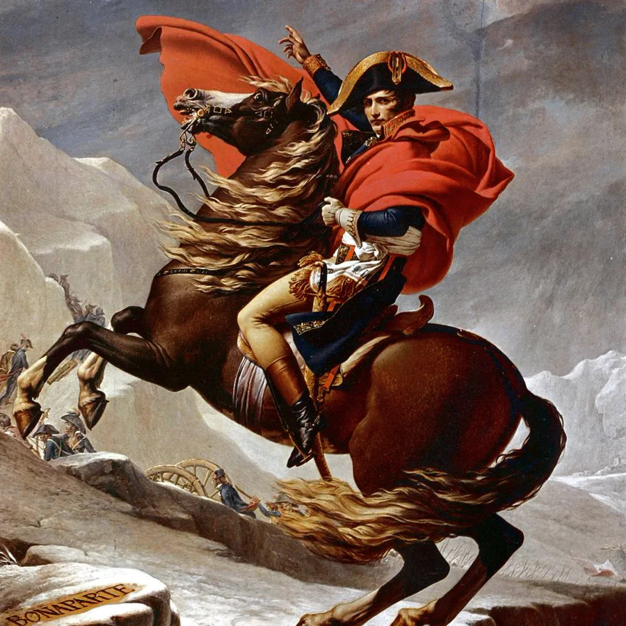Cropped source painting of Napoleon in a red cloak on a rearing brown horse, by Jacques-Louis David
