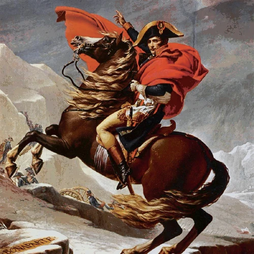 Polychrome prediction of Napoleon with a red cloak and warm brown horse, using the Warm reds palette