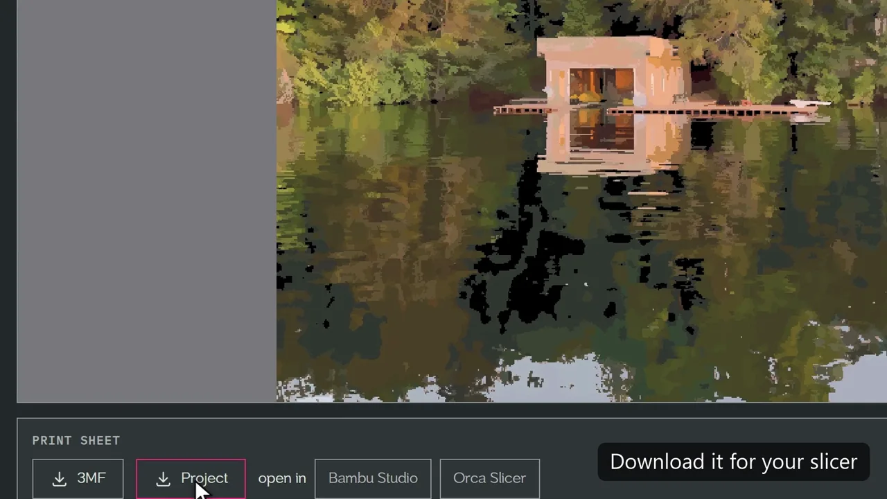Polychrome Studio walkthrough: a photo is cropped, the app ranks filament mixes, builds the plate and exports the print file, then the printed picture