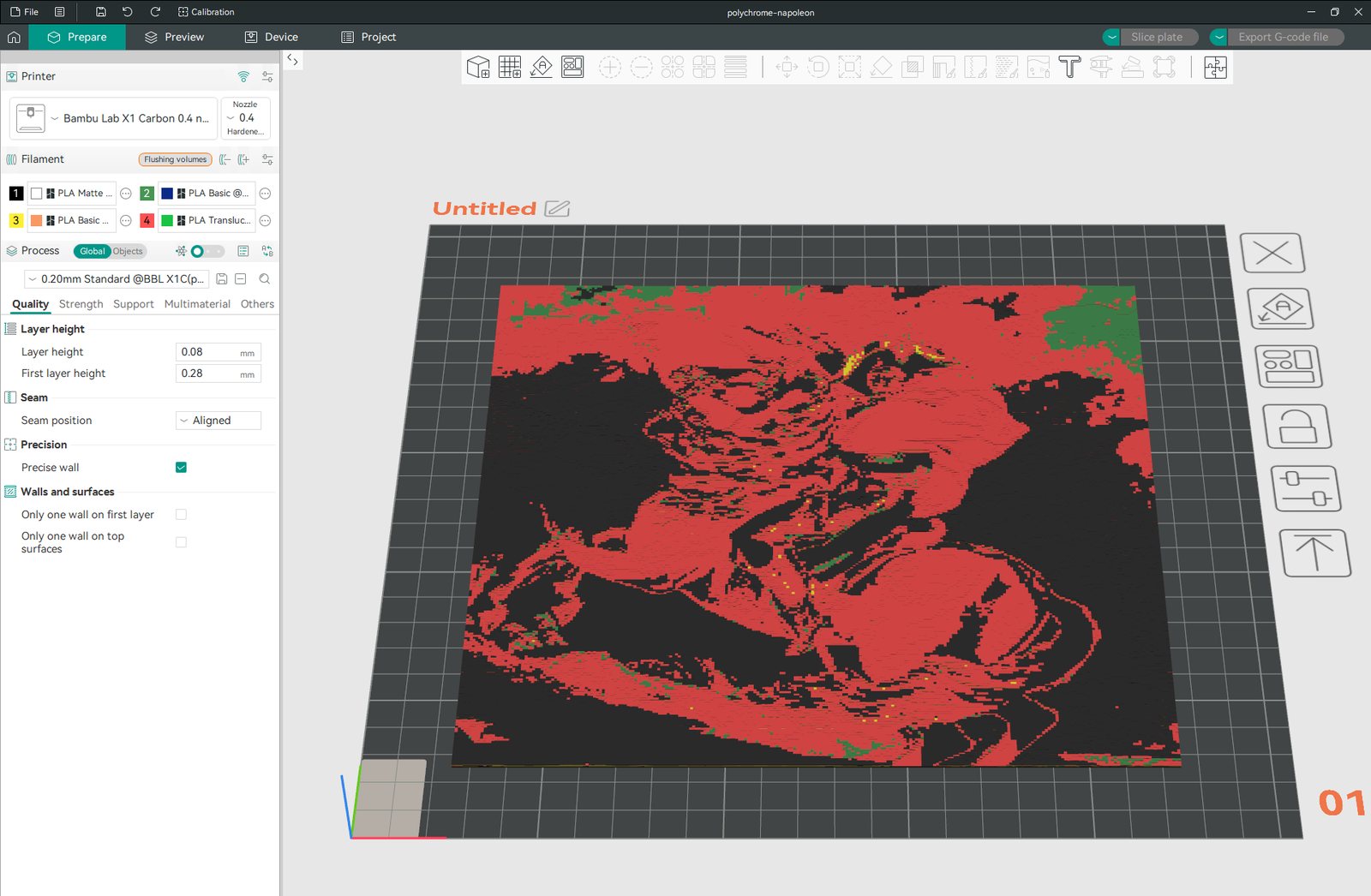 A Polychrome relief plate of Napoleon Crossing the Alps open in Orca Slicer, on the build plate, with four filaments assigned and a 0.08 mm layer height