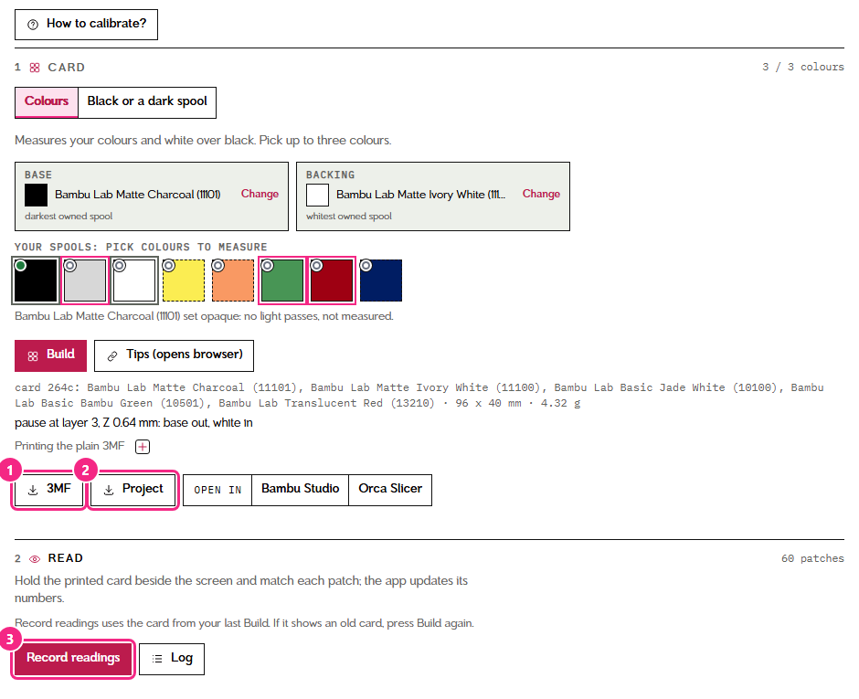 The Calibrate page after building: the 3MF and project downloads marked 1 and 2, and record readings marked 3