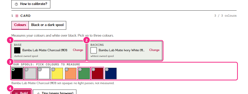 The Calibrate page with the palette's filaments selected: the base marked 1, the backing marked 2, your spools with the colours to measure marked 3 and the build button marked 4