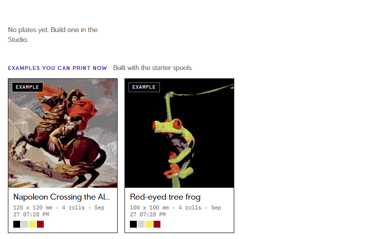 The Plates page with Examples you can print now: the Napoleon and tree frog example plates