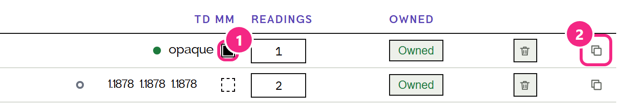 Two rows of the Filaments page: the opaque square beside the TD value marked 1, and the copy button at the end of the row marked 2
