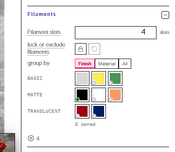 The Filaments section opened: filament slots, the lock or exclude filaments row with its lock and clear buttons, the Finish, Material and All choice, and the filament chips grouped by finish