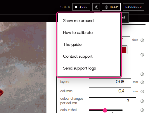 The Help menu open in the top right of the app