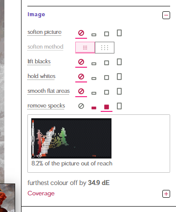 The Image section opened: soften picture with Method 1 and Method 2, lift blacks, hold whites, smooth flat areas, remove specks on Mid, and the gamut map with Coverage under it