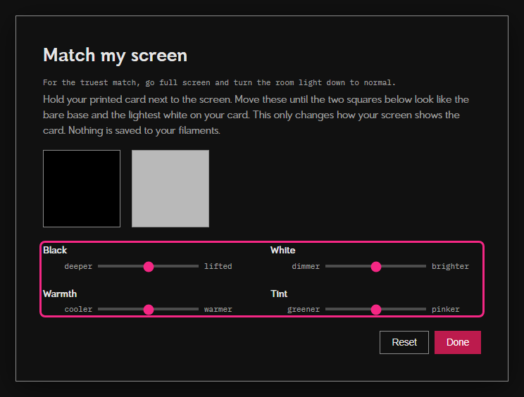 The Match my screen window: two reference squares and the black, white, warmth and tint sliders