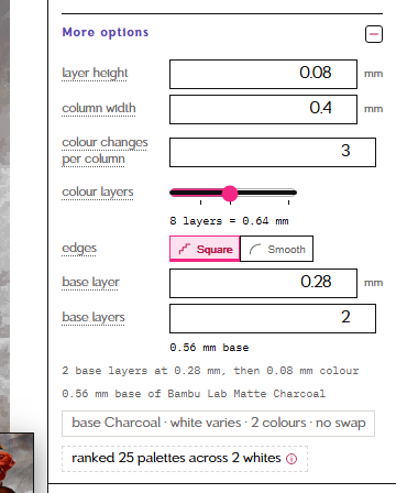 More options opened: layer height, column width, colour changes per column, the colour layers slider, edges and the base layers