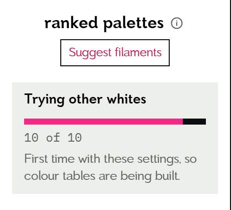 The Ranking palettes box above the palettes: a progress bar, 2 of 3, and a note that colour tables are being built the first time with these settings