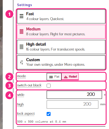 The Settings section at the top of the Studio's right column: the Fast, Medium, High detail and Custom presets marked 1, Flat and Relief marked 2, switch out black marked 3, and the plate size marked 4
