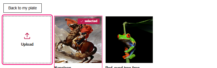 The Studio's picture strip with the upload tile outlined, beside the two example pictures