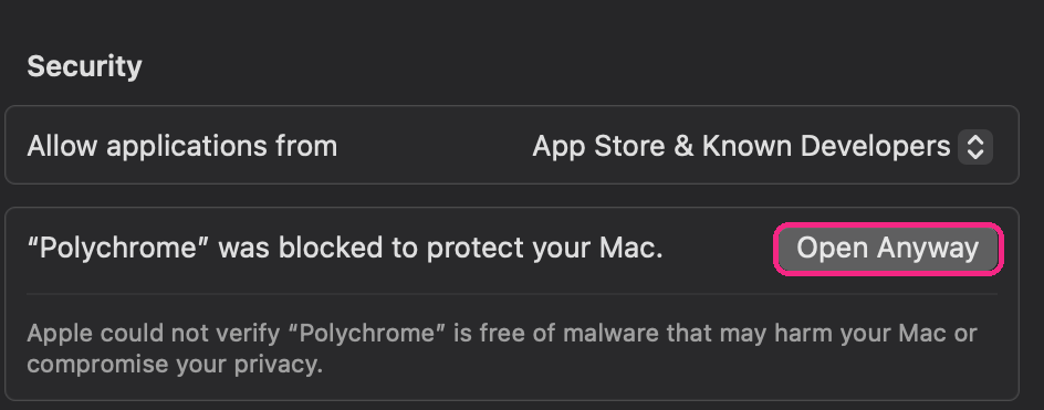 The Security section of macOS settings, reading Polychrome was blocked to protect your Mac, with the Open Anyway button circled.