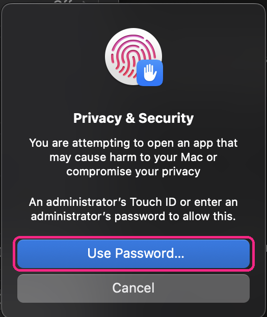 macOS Privacy and Security prompt asking for Touch ID or an administrator password, with Use Password circled.