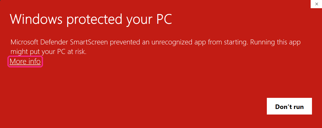 The red Windows protected your PC dialog, with the small More info link circled.