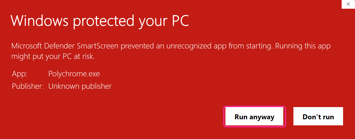 The expanded Windows dialog showing App Polychrome.exe and Publisher Unknown publisher, with the Run anyway button circled.
