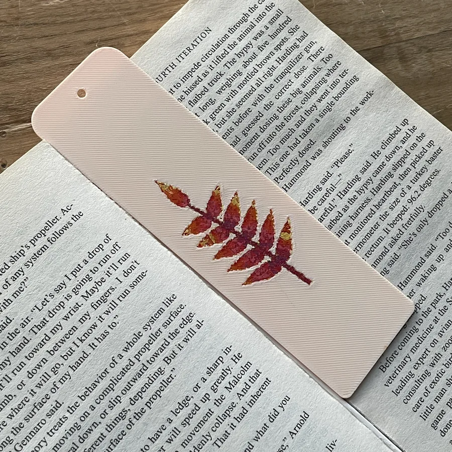 My Polychrome bookmark of a sumac leaf in an open book