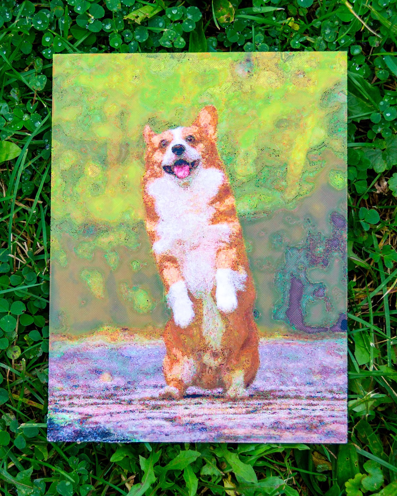 My Polychrome print of a standing corgi puppy, lying on wet grass