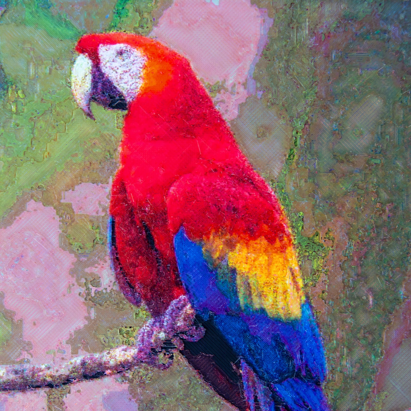 Close-up of my Polychrome print of a scarlet macaw