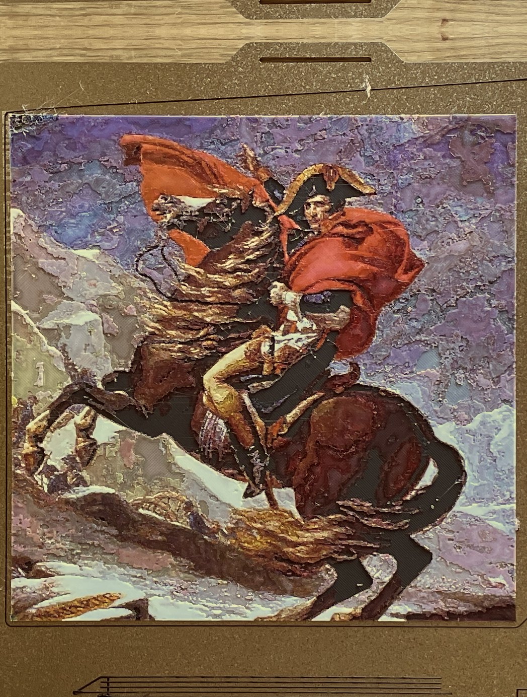 Photo of my Polychrome print of Napoleon Crossing the Alps, fresh off the printer on its build plate