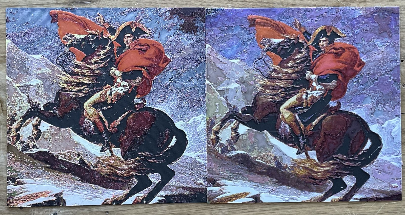 Two prints of the same Napoleon plate side by side: the left one, printed with wet filament, is stringy and speckled; the right one, printed with dry filament, is clean
